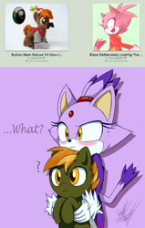 Size: 762x1200 | Tagged: safe, artist:fuzon-s, artist:kiashone, button mash, blaze the cat, blushing, buttonbetes, confused, crossover, cute, deviantart, dialogue, doodle, embarrassed, hatless, holding, irl, juxtaposition, missing accessory, photo, plushie, question mark, simple background, sonic the hedgehog (series), sweatdrop