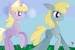 Size: 1024x683 | Tagged: safe, artist:a-happy-thought, derpibooru import, chirpy hooves, dinky hooves, playing