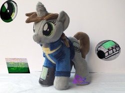 Size: 4139x3104 | Tagged: safe, artist:kiashone, oc, oc only, oc:littlepip, pony, unicorn, fallout equestria, clothes, fanfic, female, horn, irl, mare, photo, pipbuck, plushie, solo, vault suit