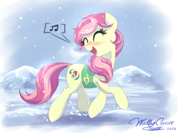 Size: 1480x1110 | Tagged: safe, artist:willisninety-six, oc, oc only, oc:five of cloves, earth pony, pony, winter wrap up, clothes, female, happy, mare, music notes, plant team, singing, snow, snowfall, solo, vest, walking, winter, winter wrap up vest