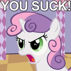 Size: 700x700 | Tagged: safe, edit, edited screencap, screencap, sweetie belle, sisterhooves social, angry, caption, image macro, open mouth, reaction image, solo, yelling