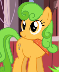 Size: 338x408 | Tagged: safe, screencap, perfect pie, earth pony, pony, the last roundup, apple family member, apple pie (character), background pony, bandana, cropped, female, mare, smiling, solo