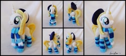 Size: 1338x597 | Tagged: safe, artist:lumenglace, oc, oc only, oc:stella lux, ask stella lux, beret, clothes, irl, photo, plushie, scarf, socks