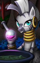 Size: 529x818 | Tagged: dead source, safe, artist:apzzang, zecora, zebra, cauldron, female, mare, poison joke, potion, solo