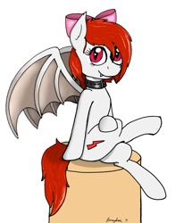 Size: 812x985 | Tagged: safe, artist:lumenglace, oc, oc only, oc:sky streak, bat pony, pony, bow, collar, pose, sitting