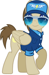 Size: 1024x1564 | Tagged: safe, artist:vectorizedunicorn, crescent pony, mane moon, pegasus, pony, baseball cap, clothes, hat, male, raised hoof, shirt, simple background, solo, stallion, sunglasses, transparent background, uniform, vector