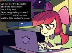 Size: 603x444 | Tagged: safe, apple bloom, equestria girls, spoiler:comic, apple bloom's blog, computer, exploitable meme, hacking, inverted mouth, meme