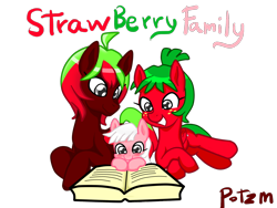 Size: 1600x1200 | Tagged: safe, artist:potzm, oc, oc only, oc:strawberry fondue, oc:strawberry milkshake, oc:strawberry twist, book, family