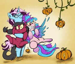 Size: 2600x2200 | Tagged: safe, artist:pimander1446, oc, oc only, oc:macdolia, oc:shiny dawn, oc:wind art, earth pony, pegasus, pony, unicorn, cutie mark, family, glasses, group, halloween, holiday, hug, jack-o-lantern, pigtails, pumpkin