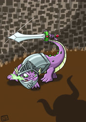 Size: 3508x4961 | Tagged: safe, artist:dinodraketakethecake, spike, dragon, armor, solo, sword