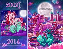 Size: 1013x800 | Tagged: safe, artist:anniemsson, fizzy, galaxy (g1), twinkle eyed pony, g1, cloud, cloudy, comparison, draw this again, dream castle, fireworks, moon, space, underhoof