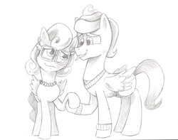 Size: 1206x948 | Tagged: safe, artist:saturdaymorningproj, gentle breeze, posey shy, flutter brutter, female, grayscale, holding hooves, husband and wife, male, mare, monochrome, shys, simple background, stallion, traditional art, white background