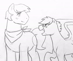 Size: 2716x2296 | Tagged: safe, artist:kianamai, oc, oc only, oc:golden delicious, oc:prism bolt, kilalaverse, monochrome, next generation, offspring, parent:applejack, parent:caramel, parent:rainbow dash, parent:soarin', parents:carajack, parents:soarindash, pencil drawing, story included, traditional art