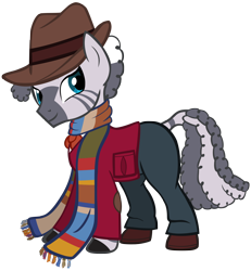 Size: 2294x2486 | Tagged: safe, artist:cloudyglow, zecora, zebra, alternate costumes, alternate hairstyle, clothes, doctor who, ear piercing, earring, fedora, female, fourth doctor, jewelry, piercing, quadrupedal, safari jacket, scarf, simple background