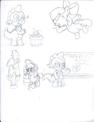 Size: 848x1100 | Tagged: safe, artist:chowdahrogansorah, apple bloom, spike, dragon, monochrome, sketch dump, traditional art