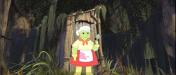 Size: 650x278 | Tagged: safe, edit, screencap, granny smith, equestria girls, dreamworks, lunchlady smith, outhouse, shrek, solo