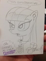 Size: 852x1136 | Tagged: safe, artist:andypriceart, maud pie, earbuds, ipod, music, paul simon, photo, signature, solo, traditional art