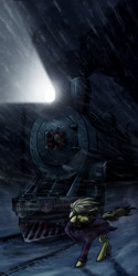 Size: 590x1177 | Tagged: safe, artist:koviry, oc, oc only, oc:sandy vain, pony, unicorn, blizzard, night, snow, snowfall, solo, steam train, train, winter