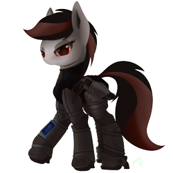 Size: 2500x2500 | Tagged: safe, artist:allyster-black, oc, oc only, oc:blackjack, cyborg, pony, unicorn, fallout equestria, fallout equestria: project horizons, blushing, female, gun, level 2 (project horizons), solo