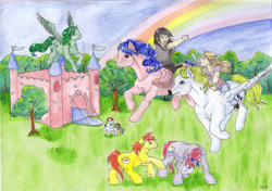 Size: 2918x2055 | Tagged: safe, artist:manekinekonohime, firefly, medley, starshine, sunburst, surprise, oc, earth pony, human, pegasus, pony, g1, dream castle, female, forest, humans riding ponies, male, mare, rainbow, riding, stallion, thundercloud (g1), unshorn fetlocks