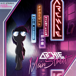 Size: 4200x4200 | Tagged: safe, artist:petirep, oc, oc only, oc:archie, pony, absurd resolution, archie v, city, cover, neon, neon sign, nightclub, rain, retro, solo, street, sunglasses