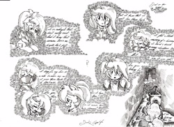 Size: 3496x2552 | Tagged: safe, artist:dereklestrange, oc, oc only, oc:pillow case, human, pegasus, pony, black and white, clothes, comic, cursive writing, feels, grayscale, monochrome, simple background, solo, traditional art, white background