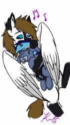 Size: 400x710 | Tagged: safe, artist:artsy hoof, oc, oc only, oc:artsy hoof, oc:dusk shadow, pegasus, pony, baby, baby pony, cuddling, cute, diaper, ear fluff, eyes closed, floppy ears, fluffy, foal, hug, music notes, on back, on side, singing, sleepy, smiling, snuggling, spread wings, winghug