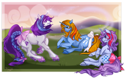 Size: 1024x645 | Tagged: safe, artist:cigarscigarettes, glory, ribbon (g1), sparkler (g1), pony, unicorn, g1, magic, prone, roller skates, tail bow, trio