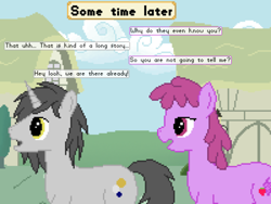 Size: 500x375 | Tagged: safe, artist:thejakevale, berry punch, berryshine, oc, oc:clockwork gear, comic:clockworkfamily, comic, dialogue, pixel art, ponyville