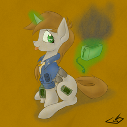 Size: 1100x1100 | Tagged: safe, artist:billysan727, oc, oc only, oc:littlepip, pony, unicorn, fallout equestria, :p, clothes, cutie mark, fanfic, fanfic art, female, glowing horn, hooves, horn, levitation, magic, mare, pipbuck, silly, silly pony, simple background, sitting, smoke, solo, telekinesis, toaster, toaster repair pony, tongue out, vault suit