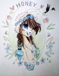 Size: 1024x1313 | Tagged: safe, artist:alliecorn, oc, oc only, oc:azure soul, bust, flower, portrait, solo, traditional art, wreath