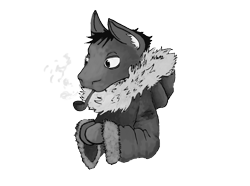 Size: 2717x2017 | Tagged: safe, artist:php64, oc, oc only, buck pony card game, clothes, fur coat, jacket, monochrome, pipe, project, smoking, solo