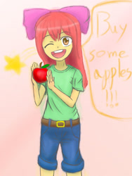 Size: 850x1133 | Tagged: safe, artist:jumboz95, apple bloom, equestria girls, apple, buy some apples, solo, wink