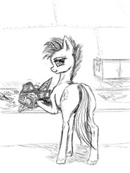 Size: 599x800 | Tagged: safe, artist:lnst02, oc, oc only, oc:iron gear, pony, unicorn, fallout equestria, drone, female, monochrome, solo