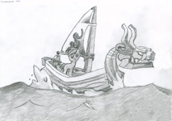 Size: 4000x2823 | Tagged: safe, artist:techarmsbu, button mash, absurd resolution, blank flank, boat, crossover, king of red lions, monochrome, solo, the legend of zelda, the legend of zelda: the wind waker