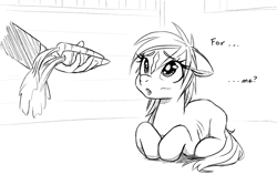 Size: 2495x1670 | Tagged: artist needed, safe, derpibooru import, oc, oc:anon, verity, pony, art pack:marenheit 451 post-pack, /mlp/, barn, black and white, carrot, cute, dialogue, female, food, grayscale, monochrome, sitting, sketch, thin