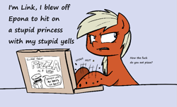 Size: 735x446 | Tagged: safe, artist:shoutingisfun, edit, earth pony, pony, annoyed, crossover, dialogue, epona, female, food, jealous, mare, pizza, pizza box, ponified, the legend of zelda, vulgar