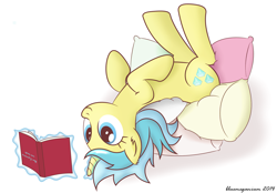 Size: 1777x1240 | Tagged: safe, artist:bluemeganium, lemony gem, cute, pillow, reading, simple background, solo, upside down