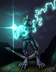 Size: 2131x2741 | Tagged: safe, artist:reaper3d, spike, anthro, friendship is witchcraft, clothes, glowing hands, hoodie, lightning, older, older spike, solo