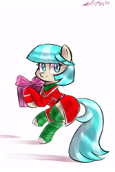 Size: 4800x7200 | Tagged: safe, artist:tofutiles, coco pommel, absurd resolution, clothes, present, santa costume, socks, solo