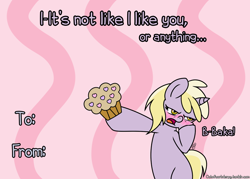 Size: 1000x714 | Tagged: safe, artist:outofworkderpy, dinky hooves, pony, unicorn, abstract background, baka, bipedal, blushing, cute, female, filly, funny, heart, mare, muffin, solo, tsundere, tsundinke, valentine, valentine's day, valentine's day card