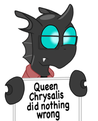 Size: 1375x1705 | Tagged: safe, artist:sketchymouse, changeling, clothes, glasses, hitler did nothing wrong, sign, simple background, transparent background