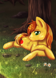 Size: 768x1056 | Tagged: safe, artist:buizel149, braeburn, forest, missing accessory, prone, solo, straw