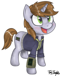 Size: 795x1005 | Tagged: safe, artist:teschke, oc, oc only, oc:littlepip, pony, unicorn, fallout equestria, blushing, clothes, cute, cutie mark, fanfic, fanfic art, female, hooves, horn, looking up, mare, open mouth, pipabetes, pipbuck, signature, simple background, solo, transparent background, vault suit