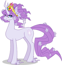 Size: 742x785 | Tagged: safe, artist:poisonhearts, oc, oc only, oc:harmony (heilos), classical unicorn, bedroom eyes, big crown thingy, elements of harmony, flower, flower in hair, leonine tail, looking at you, ponified, smiling, solo, tree of harmony, unshorn fetlocks