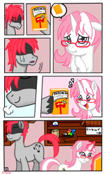 Size: 1024x1700 | Tagged: safe, artist:potzm, oc, oc only, oc:lawyresearch, oc:metalshield, pony, unicorn, comic:lawy comic, book, comic, glasses