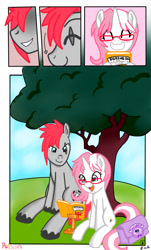 Size: 1024x1700 | Tagged: safe, artist:potzm, oc, oc only, oc:lawyresearch, oc:metalshield, pony, unicorn, comic:lawy comic, blushing, book, comic, glasses, tree