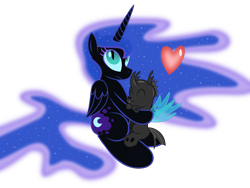 Size: 4000x3000 | Tagged: safe, artist:drawponies, artist:plasmana, nightmare moon, alicorn, changeling, pony, cute, heart, hug, missing accessory, nicemare moon, simple background, snuggling, transparent background, vector