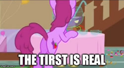 Size: 490x269 | Tagged: safe, screencap, berry punch, berryshine, call of the cutie, image macro, meme, misspelling, the thirst is real