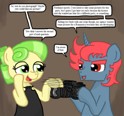 Size: 500x468 | Tagged: safe, artist:ficficponyfic, chickadee, ms. peachbottom, oc, oc:quasar, alternate hairstyle, camera